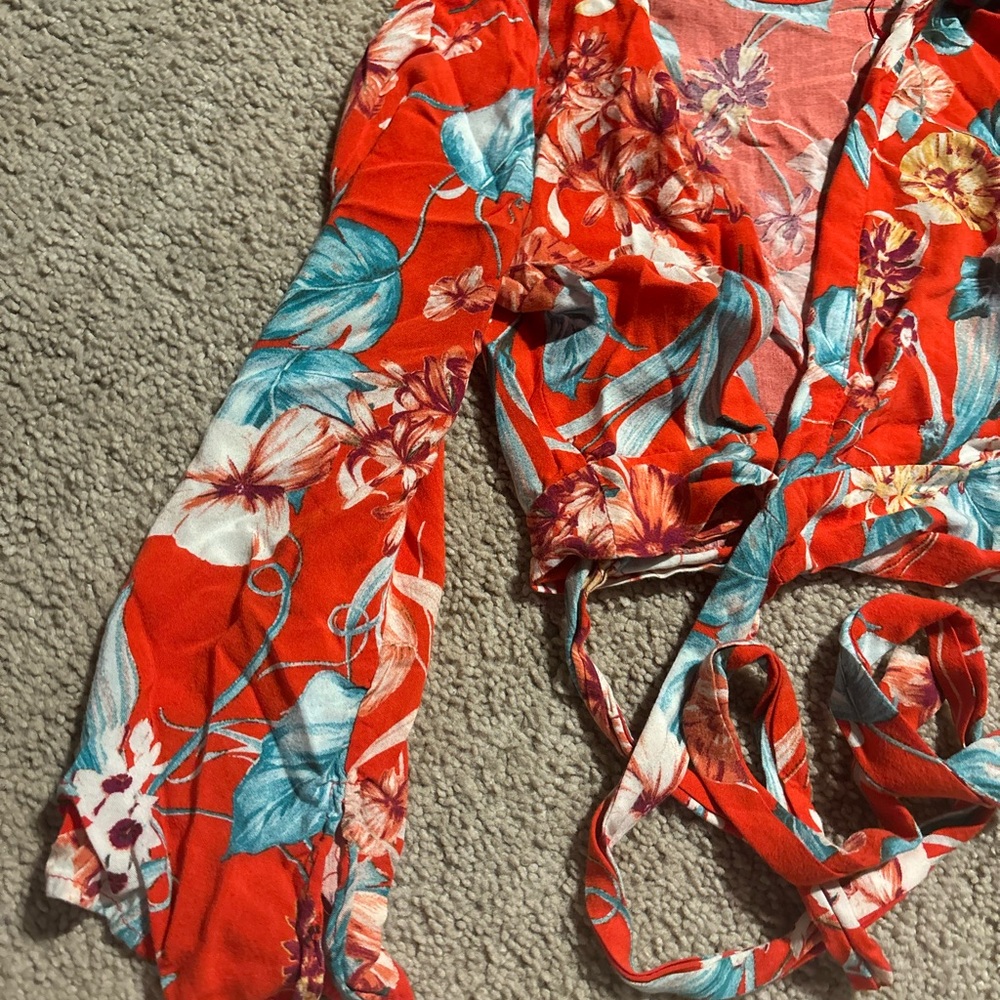 Express Floral Wrap Top - Red and Blue